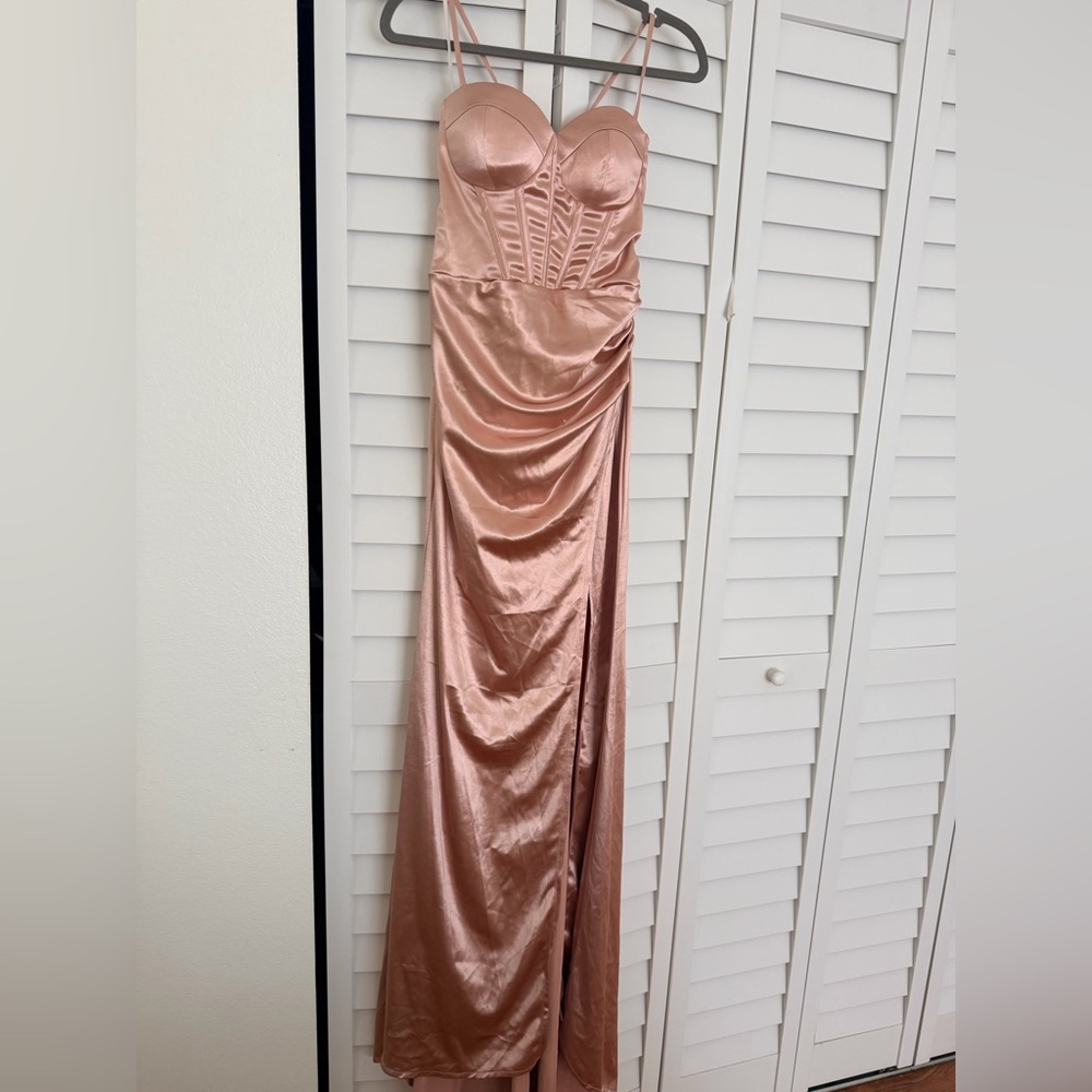 Satin Corset-Ruched Slip Dress in Rose Gold